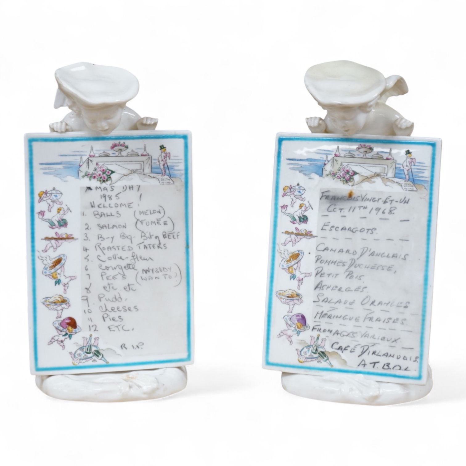 A pair of 19th century Mintons white glazed porcelain figural menu holders, 20cm